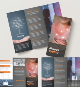 Brochure sample for Always Typing showcasing marketing services and benefits.