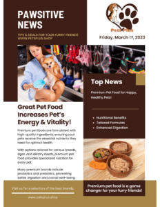 Newsletter for PetsPlus featuring tips and deals for pet owners, highlighting premium pet food.